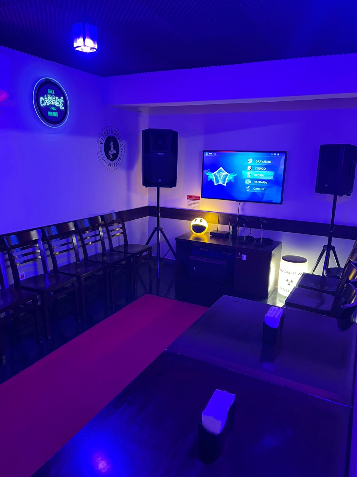 Sala exclusiva de karaokê com caixas de som e TV
